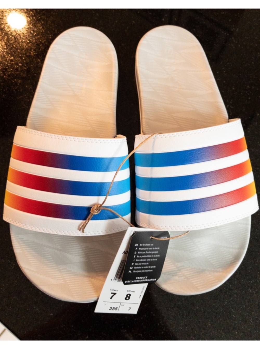White Slide Sandals with Rainbow Stripes